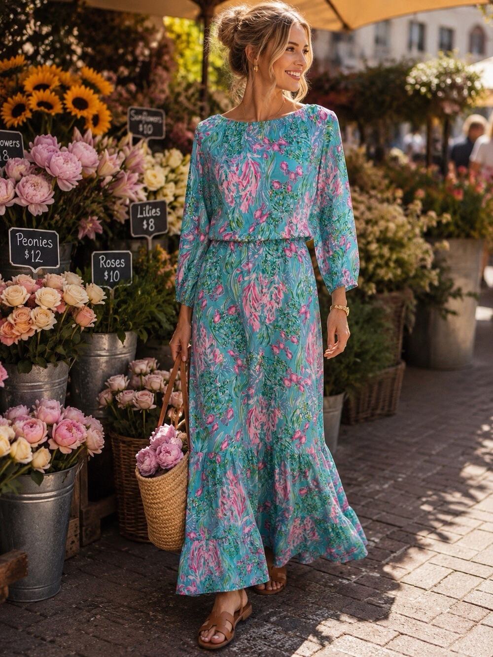 Lilly Pulitzer Odella Turquoise Floral Long Sleeve Flounce Hem Maxi Dress XXS